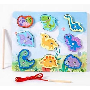 Wooden Puzzle Educational Dinosaur Shapes for Kids Fun Building Toy with Magnetic Hook and Rope