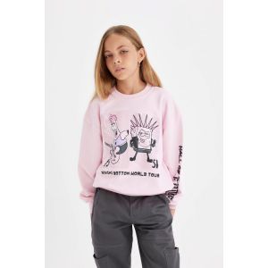 Defacto Girl Crew Neck Relax Fit Sweat Shirt - Lt.Pink