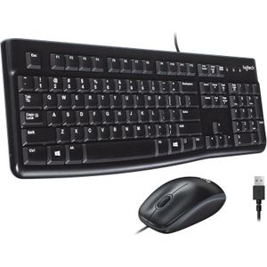 Logitech طقم لوحة مفاتيح وماوس سلكي MK120 (حجم كامل، ماوس ضوئي، مفاتيح باللغتين الإنجليزية والعربية) - أسود