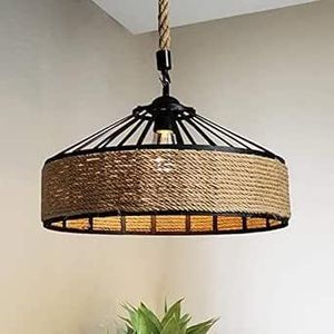 Rustic Beige Shaded Pendant Ceiling Light – Natural Rope & Black Metal Hanging Lamp for Modern Rustic Interiors - YL-s-1111