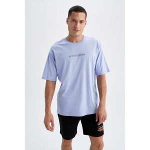 Defacto Man Crew Neck Oversize Fit Short Sleeve T-Shirt - Lt.Blue