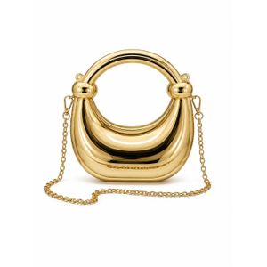A luxurious women's handbag with a shimmering gold crescent design, crafted from high-quality metal with an adjustable chain, perfect for formal and evening occasions.