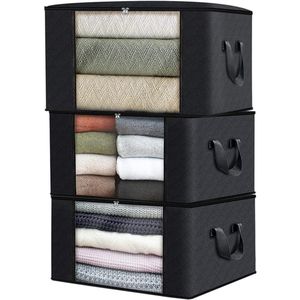 شنطة تخزين كبيرة شنطة تخزين الملابس منظم قابل للطي مع مقبض مقوى وقماش سميك للألحفة والبطانيات وملايات السرير والتخزين مع سوستة قوية، نافذة شفافة، سعة 90 لتر (لون أسود)، 3 قطع