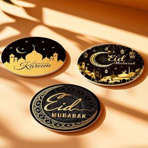 كوسترات ديكور عيد مبارك ورمضان كريم، تصميم إسلامي بالقمر والمسجد، mdf أسود وذهبي، دائري، 10 سم، 6 قطع
