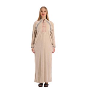 Zecotex Women's Embroidered Velvet Abaya – Long Sleeve Maxi Dress with High Neck and Pockets, Elegant Winter Homewear.