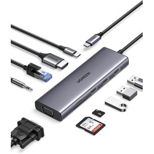 Ugreen موزع USB من النوع C، 10 في 1، مزود بمنافذ HDMI بدقة 4K وVGA، لون رمادي