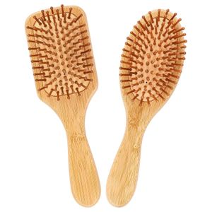 فرشاة شعر من الخيزران، عبوة من قطعتين، فرش شعر طبيعية، فرش شعر خشبية برأس مستدير وأسنان من الخيزران، مشط شعر مزود بوسادة هوائية، لا يسبب تلفًا للشعر، فرشاة تدليك شعر محمولة، مستديرة و