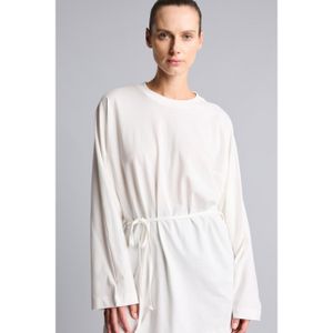 Defacto 100% Cotton Crew Neck Low Shoulder Long Sleeve Ecru Tunic