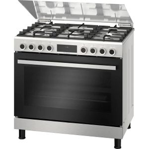 Bosch فرن غاز حرّ المدى Series 6 مقاس 90 سم، بسعة 125 لتر، مزود بـ 5 أوضاع طهي، ونظام تنظيف ذاتي جزئي (Catalytic)، وشواية غاز مع سيخ دوّار، مصنوع من الستانلس ستيل – أداء قوي وتصميم متين – HGP3I8W50S