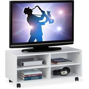 Rela*days 4-Compartment TV Stand on Casters, for CDs, DVDs & Console, Living Room Coffee Table, HWWD 35*80*35 cm, White