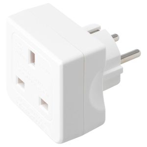 EU travel adapter KOPPLA white power plug adapter, compact design, two usb ports, brass pins, polycarbonate plastic base.