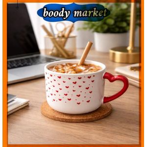 مج قهوة بورسلين على شكل قلب بمقبض قلب مزين برسومات قلوب صغيرة