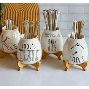 حامل ملاعق بتصميم أنيق، باللون الأبيض، مصنوع من الخزف والخيزران، متعدد الاستخدامات، مثالي لديكور المطبخ