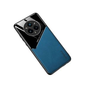 جراب متوافق مع هاتف Realme 14 Pro Plus 5G، مصنوع من الجلد الفاخر والزجاج، مزود بحامل مغناطيسي للسيارة، وإطار سيليكون ناعم (أزرق).