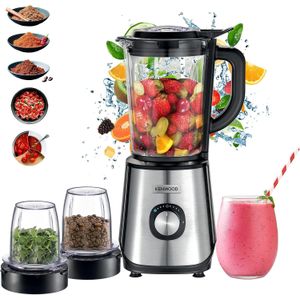 Kenwood خلاط كهربائي زجاج Blm45.720Ss بقوة 1000 وات من كينوود، صانع سموذي سعة 2 لتر مع مطحنة ومفرمة مع وظيفة تكسير الثلج، لون أسود/فضي