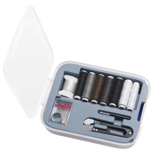 39-piece mending kit Open blue TRIXIG mending kit with grey, white, and black thread spools, scissors, pins, and patches.
