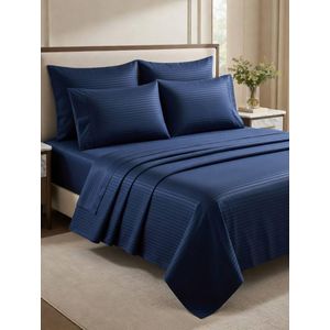 ملاية سرير ستريب قطن بزاوية – أستيك كامل (مقاس 120 سم) – لون ازرق غامق كحلى 