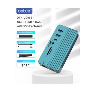 Onten OTN-UC966 10 Ports USB-C M.2 Solid State Drive Box Expansion Dock (4K60Hz HDMI, Gigabit RJ45, USB3.2 Gen2, USB-C 10 Gbps, USB3.2 Gen1, SD3.0, TF3.0, 3.5mm Jack, USB-C PD100W, M.2 SSD Enclosure)