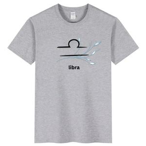 Light grey cotton t-shirt  Libra Zodiac  black with blue leaves