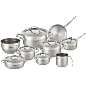 Korkmaz طقم أواني الطبخ، مصنوع من الستانلس ستيل باللون الفضي، تصميم مريح، يتكون من 15 قطعة
