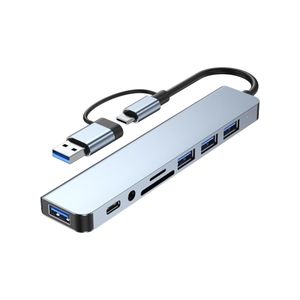 Professional 8-in-1 multi-port USB-C hub, 3 USB 2.0 ports, 1 USB 3.0 port, SD/TF card reader, 3.5mm audio port, portable USB-C hub for tablets, laptops, PS5/PS4, network adapters, and flash storage devices.