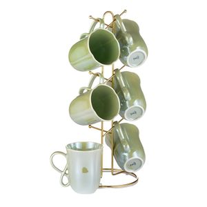 Lotus طقم مج شاي بورسلين لاستر مكون من 6 قطع + حامل، مصنوع من مواد عالية الجودة