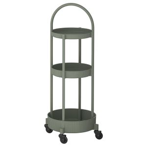 Trolley A JUTTERSBO, a modern grey-green, three-tier rolling trolley. This round, jeremiah design wheels and handles for easy mobility.