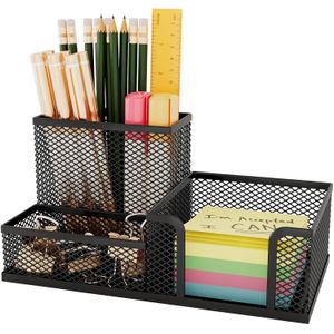 Mesh Pen Holder for Desk 3 Compartment Desk Organizer for Pens Pencils Sticky Notes Office Accessories