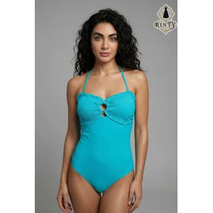 مايوه قطعة واحدة بلون أزرق فاتح بتصميم أنثوي وكشكشة جذابة على الصدر