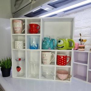 Rustic wooden coffee cup holder and organizer - multi-section rack for cups, plants, and kitchen decor, ideal for setting up a coffee corner.