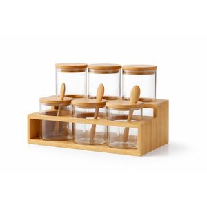 طقم6 برطمانات توابل زجاج مع حامل  وملاعق خشب – منظم مطبخ أنيق لتخزين التوابل والسكر والملح