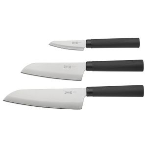 3-piece knife set Three FÖRSLAG knives by  featuring stainless steel blades and black handles with a textured grip, arranged vertically.