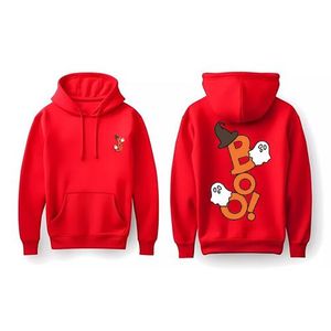 Halloween Ghost Print Pullover Hoodie, Red Cotton Sweatshirt with Graphic Design