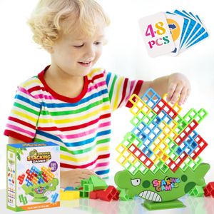 48 Pcs Dinosaurs Tetra Tower Game, Stack Attack Block Puzzle Game, Family Board Games for Kids and Adults, 2 Players + Fun Balance Stacking Building Blocks Board Game for Family Game and Party