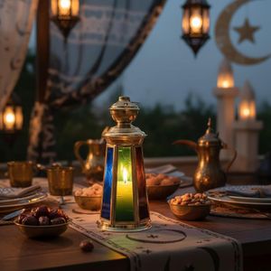 B214 Oriental Treasures Hexagonal Ramadan Lantern, Brass and Colored Glass Panels, Traditional Islamic Design, Decorative Candle Holder for Eid, Iftar Table Decor
