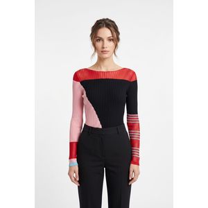 Bebe Women's Asymmetric Colorblock Ribbed Knit Boat Neck Long Sleeve Sweater