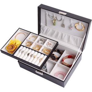 2-Tier Jewelry Box - Leather Jewelry Box for Women, Girls, Teens Stylish Jewelry Organizer - Jewelry Storage Box with Lock for Extra Protection