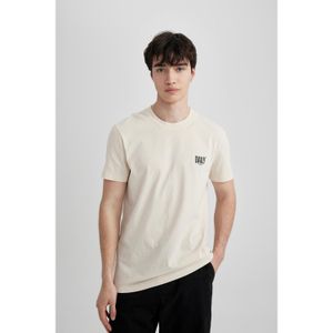 Defacto Slim Fit Crew Neck Printed Short Sleeve T-Shirt - Sand
