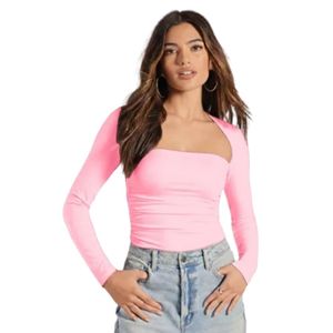 Chic Square Neck Long Sleeve Ruched Top In PINK