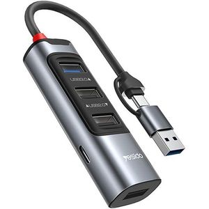 Yesido هب USB 3.0 HB20، موصل 2 في 1 Type-C وUSB-A، محول متعدد المنافذ 5 في 1، هيكل من سبائك الألومنيوم، شحن سريع PD 100 وات، نقل بيانات، محمول، فضي