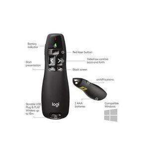 Logitech جهاز تحكم عن بعد R400 لاسلكي لعروض التقديم، تردد 2.4 جيجاهرتز ومستقبل USB ومؤشر ليزري أحمر ويعمل بنطاق 15 متر ويضم 6 أزرار وتحكم سهل
