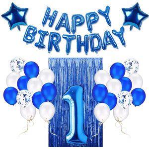Blue Birthday Decoration Kit Number 1, Happy Birthday Foil Balloon Banner, Blue Foil Curtain, Star Foil Balloons, Latex Balloons, Confetti Balloons, Ribbon & Pump, Party Decorations for Boys and Girls