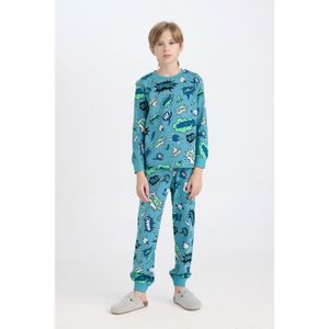 Defacto Boys' Pajama Set Patterned Long Sleeve Top and Elastic Waist Long Bottoms