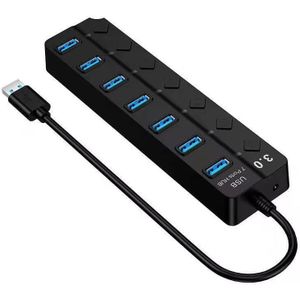  USB Hub 7 منافذ 2.0 بمفاتيح تشغيل فردية + إضاءة LED – موزع USB متعدد للكمبيوتر واللاب توب – شحن ونقل بيانات سريع – تصميم صغير مع حماية وفولت إضافي 5V 