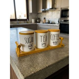 طقم جرات سيراميك فاخر مكون من 3 قطع مع صينية صفراء وأغطية - سكر، شاي، قهوة - جسم أبيض - منظم مطبخ عصري