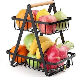 سلة فاكهة دورين يمكن وضعها على سطح الترابيزة، حامل للخضروات والخبز والفاكهة للتخزين في المطبخ، باللون الاسود، حديد