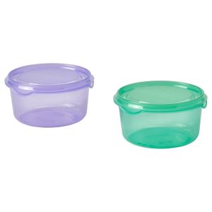 Snack container with lid PRUTA containers: purple and green, round, plastic, sealable lids for storing snacks or small salads.