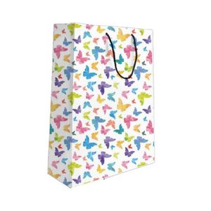 Gift bag decorated with a colorful butterfly print, made of paper, with rope handles, white color, suitable for party gifts.