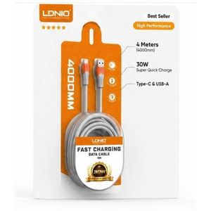 كابل LDNIO LS604 شحن سريع 30 واط USB-A إلى Type-C بطول 4 متر – كابل نقل بيانات سريع – رمادي/برتقالي