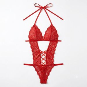 NF22-078 Red Women's Alluring 1-Piece Halter Neck Floral Lace Teddy Cutout Bodysuit with Lace-Up Detail
